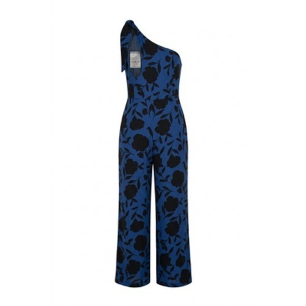 Kate Spade New York Jumpsuit Women 14 Blue Floral One Shoulder Linen Wide Leg